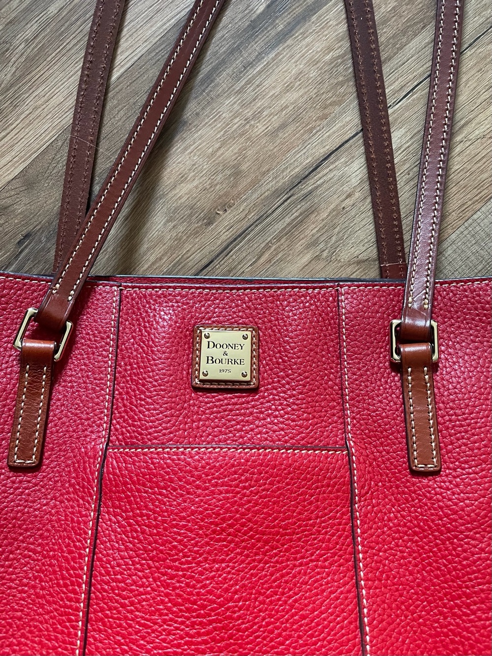 Dooney & Bourke Red Pebble Leather Tote with Brown Straps and Front Pocket